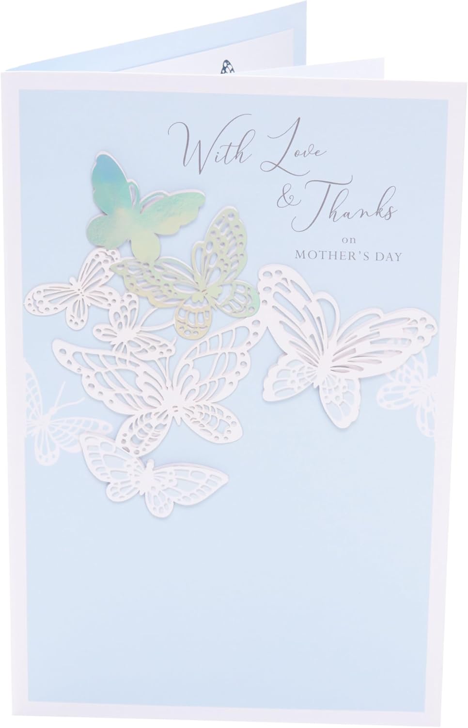 Light blue UK Greetings Mother's Day card for her, featuring elegant stationery design with floral accents.