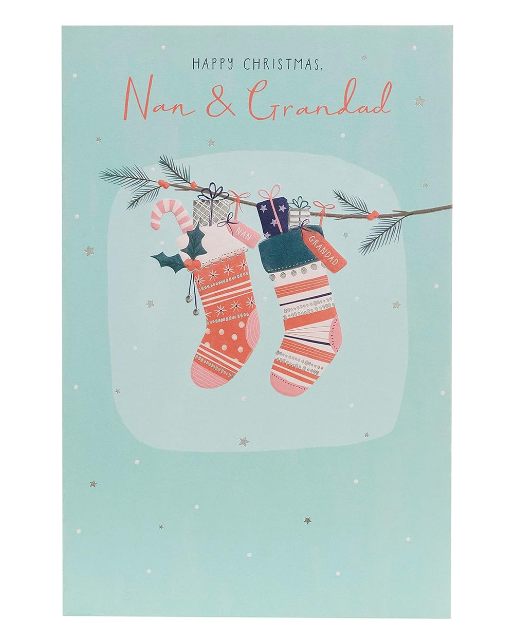 UK Greetings Nan & Grandad Christmas card featuring stockings design, perfect for holiday greeting stationery.
