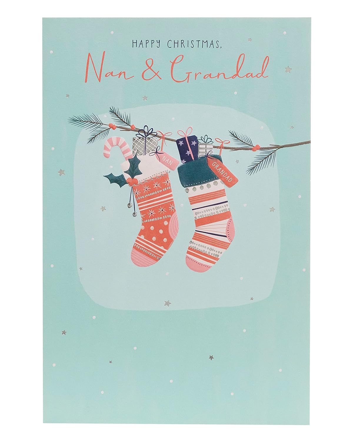 UK Greetings Nan & Grandad Christmas card featuring stockings design, perfect for holiday greeting stationery.