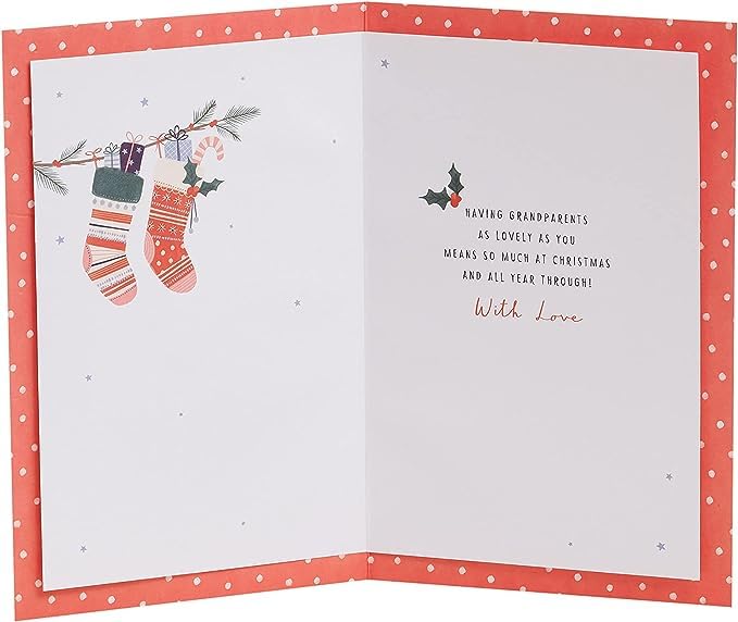 UK Greetings Nan & Grandad Christmas Card featuring festive stockings design, perfect for sending holiday cheer to grandparents.