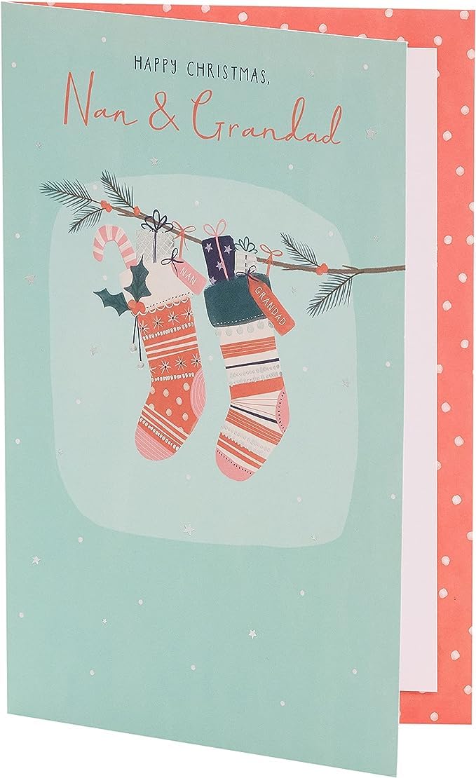 UK Greetings Nan & Grandad Christmas card featuring stockings design, ideal for sending holiday cheer to grandparents.