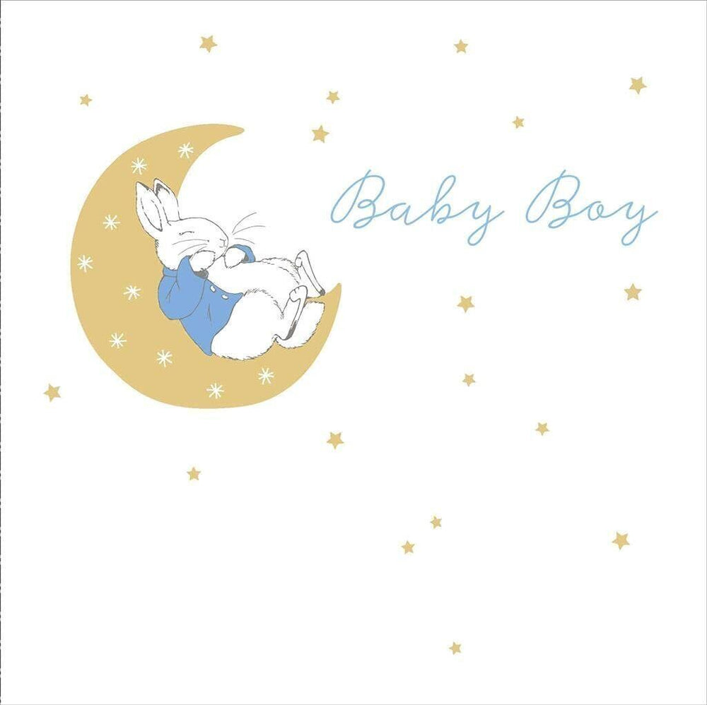 UK Greetings Peter Rabbit baby boy arrival card, decorative stationery with adorable Peter Rabbit design for celebrating a new baby.