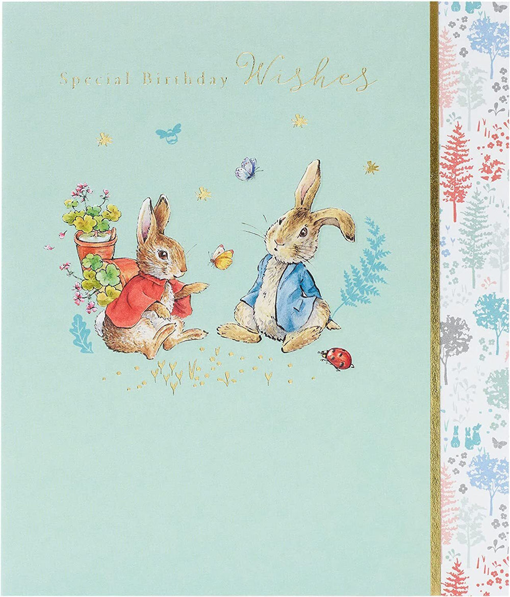 UK Greetings Peter Rabbit birthday greeting card featuring colorful illustrations and special birthday wishes on high-quality stationery.