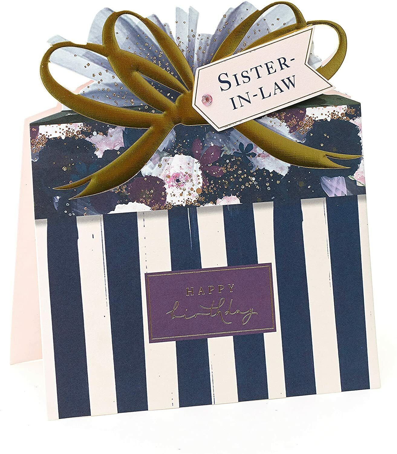 UK Greetings Sister-in-Law birthday card, luxury shaped ornate present design, elegant stationery for special occasion.