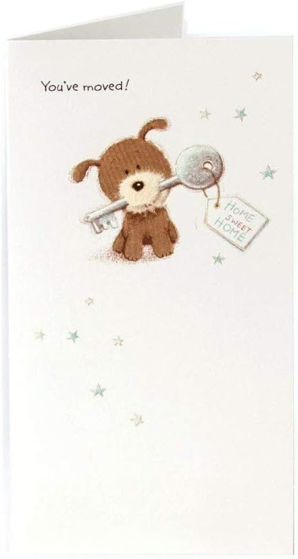 UK Greetings You've Moved and Congratulations greetings card featuring a playful dog illustration, perfect for celebrating new homes.