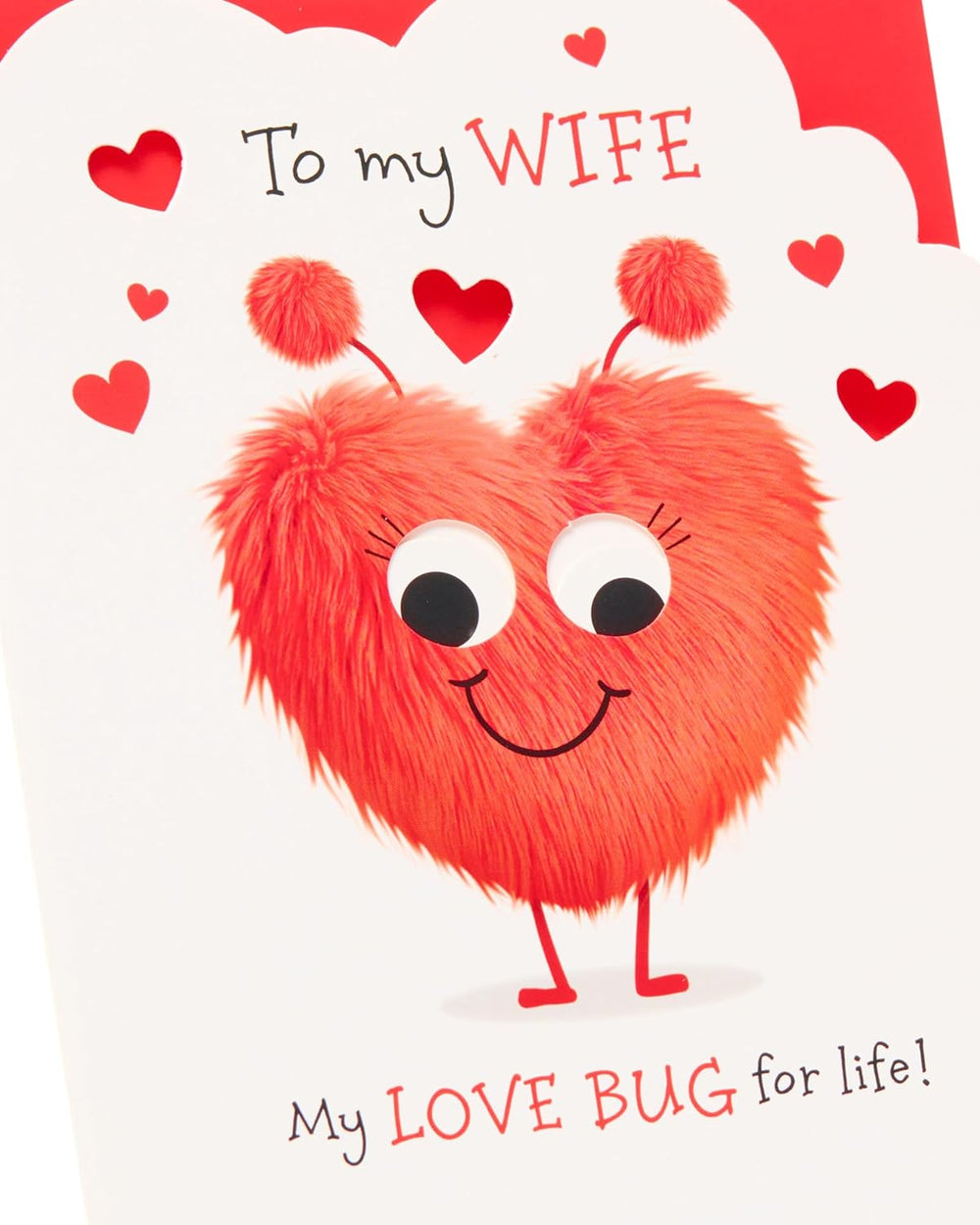 UK Greetings Valentine's Day card for wife featuring a cute love bug design with romantic message and colorful illustrations.