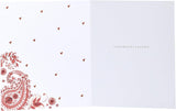 UK Greetings wedding card featuring a bride and groom design with red and gold accents, perfect for celebrating marriage.