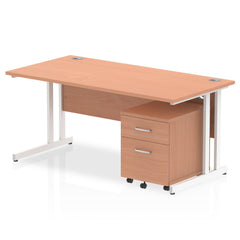 Impulse Cantilever Straight Office Desk W1600 x D800 x H730mm Beech Finish White Frame With 2 Drawer Mobile Pedestal - I003917 DD