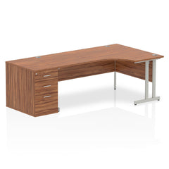 Dynamic Impulse 1800mm Right Crescent Desk Walnut Top Silver Cantilever Leg Workstation 800mm Deep Desk High Pedestal Bundle I000579 DD