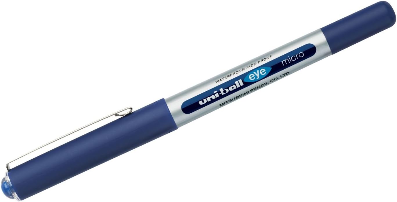 Uni-Ball UB-150 Eye Rollerball Pen Micro Blue for smooth writing, featuring a blue ink pen with a compact design and black clip.