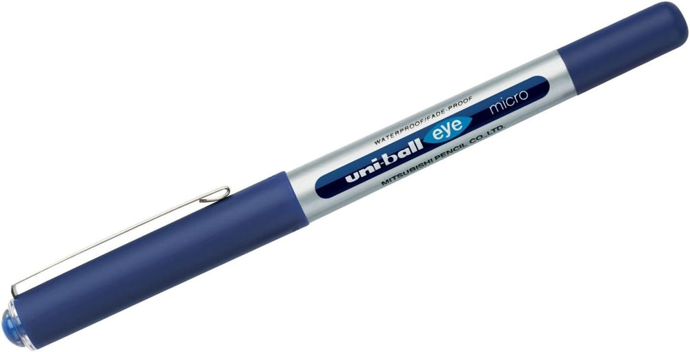 Uni-Ball UB-150 Eye Rollerball Pen Micro Blue for smooth writing, featuring a blue ink pen with a compact design and black clip.