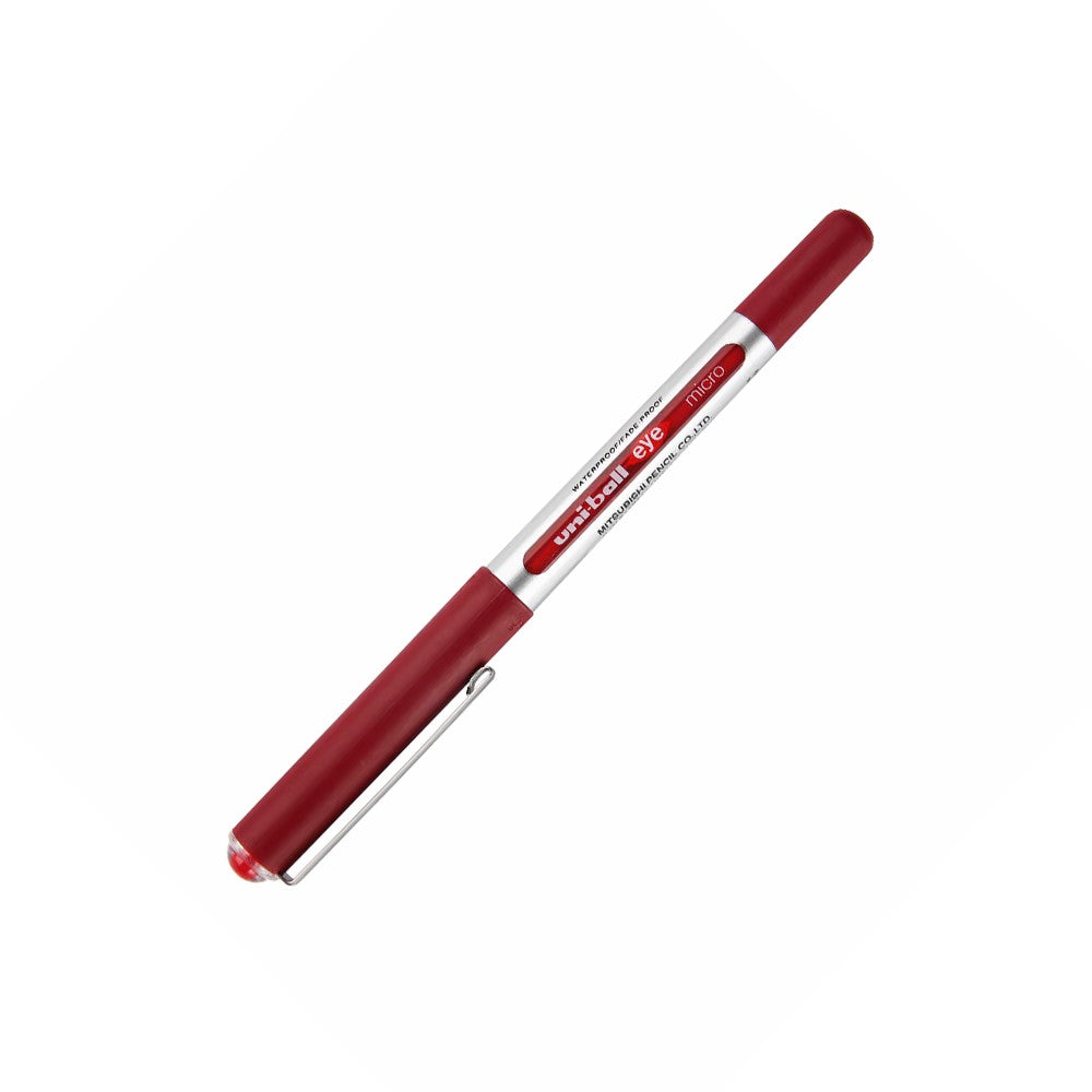 Uni-Ball UB-150 Eye Rollerball Pen in Micro Red with sleek ink tip, perfect for precise writing and stationery use.