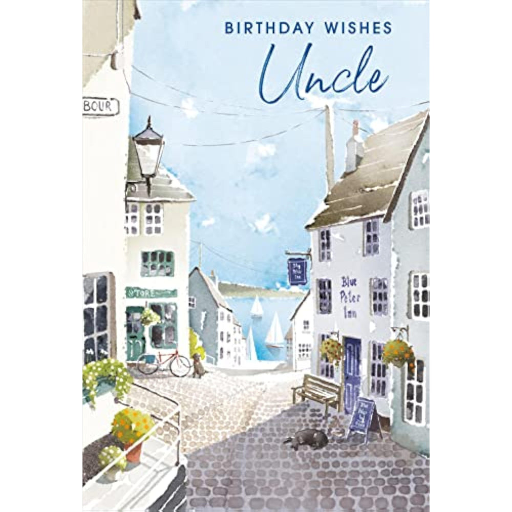 Nigel Quiney 'Uncle' Birthday Card for Men - Watercolour Cobbled Street Coastal Scene with Foil Detail - Eco-Friendly & Recyclable