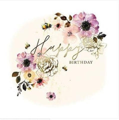 Paper House Artistic Open Female "Happy Birthday" Greeting Card - Gorgeous Floral Bee Design from The Peony Rose Collection