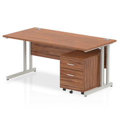 Impulse Cantilever Straight Office Desk W1600 x D800 x H730mm Walnut Finish Silver Frame With 2 Drawer Mobile Pedestal - MI000960 DD