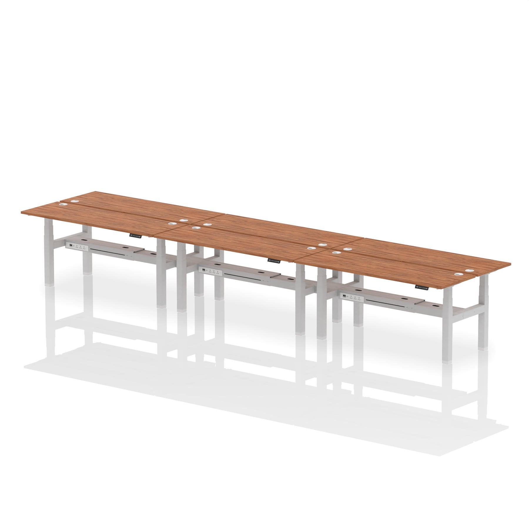 Dynamic Air Back-to-Back W1800 x D600mm Height Adjustable Sit Stand 6 Person Bench Desk With Cable Ports Walnut Finish Silver Frame - HA02600 DD