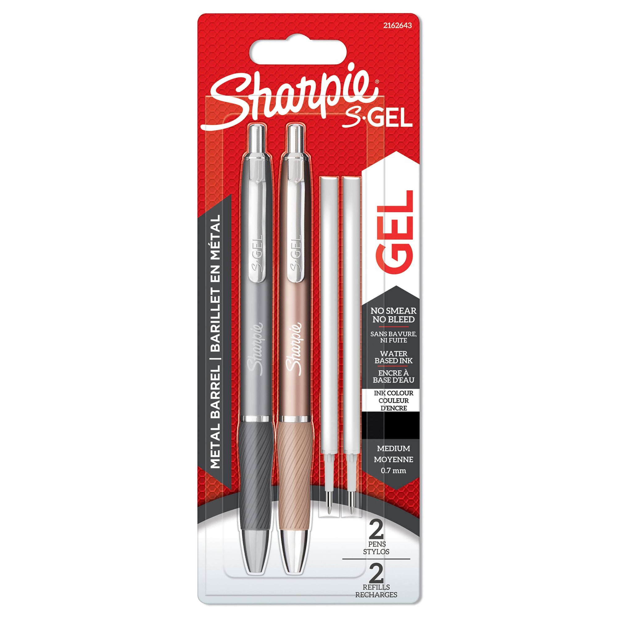 Sharpie S-Gel Metal Gel Pen Medium Point 0.7mm Tip Black Ink  + Black Refills (Pack 2 Pens + 2 Refills) - 2162643