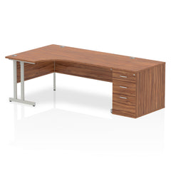 Dynamic Impulse 1800mm Left Crescent Desk Walnut Top Silver Cantilever Leg Workstation 800mm Deep Desk High Pedestal Bundle I000567 DD
