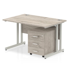 Impulse Cantilever Straight Office Desk W1200 x D800 x H730mm Grey Oak Finish White Frame With 3 Drawer Mobile Pedestal - I003798 DD