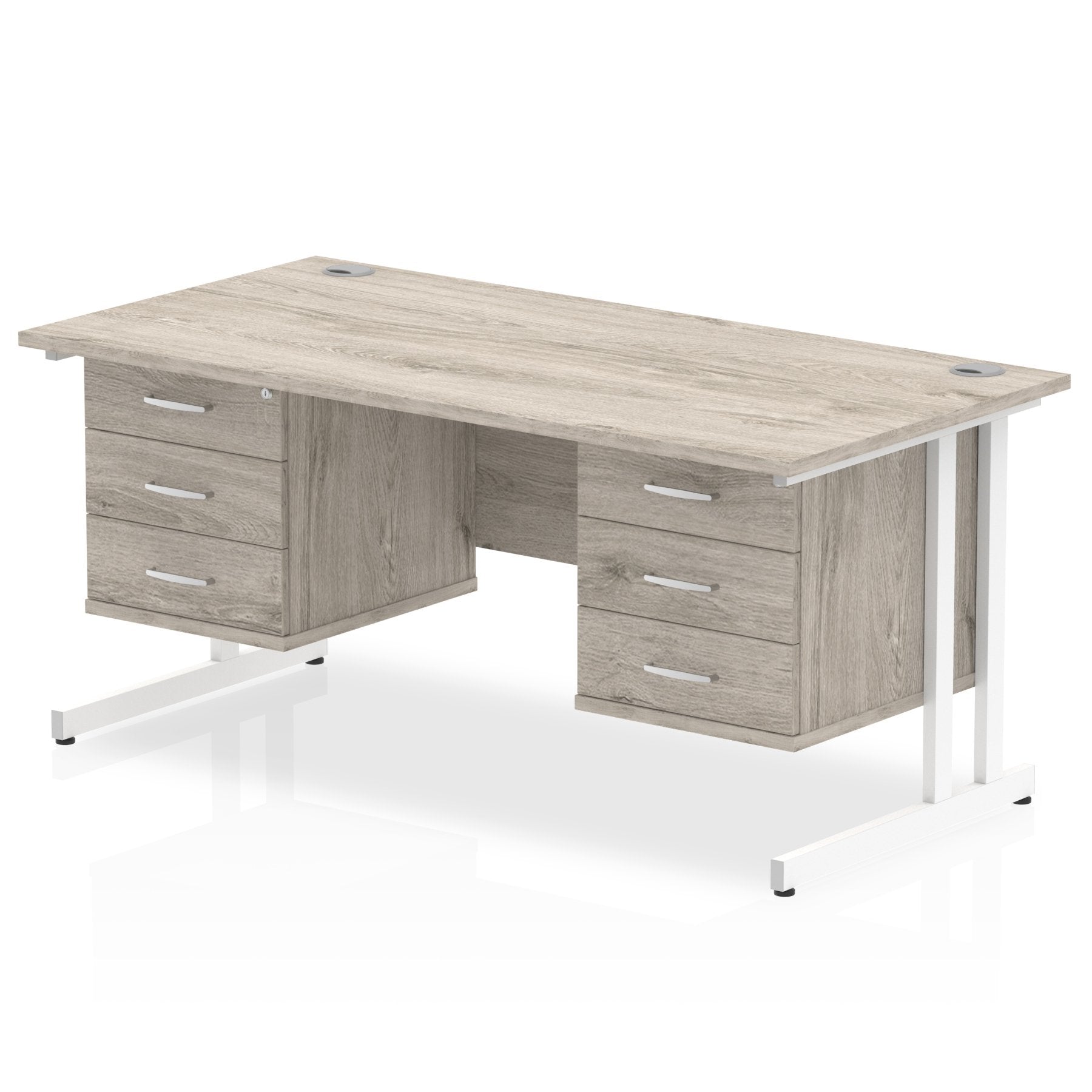 Dynamic Impulse W1600 x D800 x H730mm Straight Office Desk Cantilever Leg With 2x3 Drawer Double Fixed Pedestal Grey Oak Finish White Frame - I003499 DD