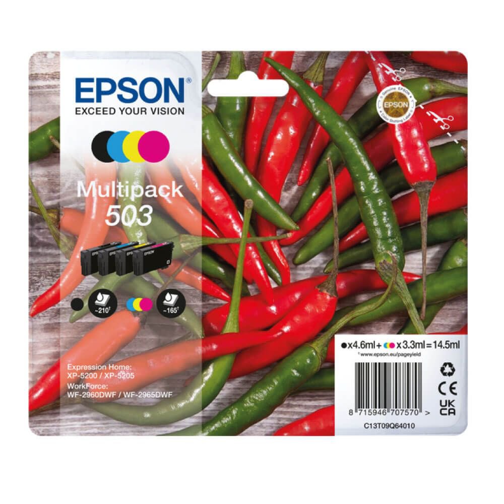 Epson Chillies 503 Black Cyan Magenta Yellow Standard Capacity Ink Cartridge Multipack 4.6ml + 3 x 3.3ml (Pack 4) - C13T09Q64010