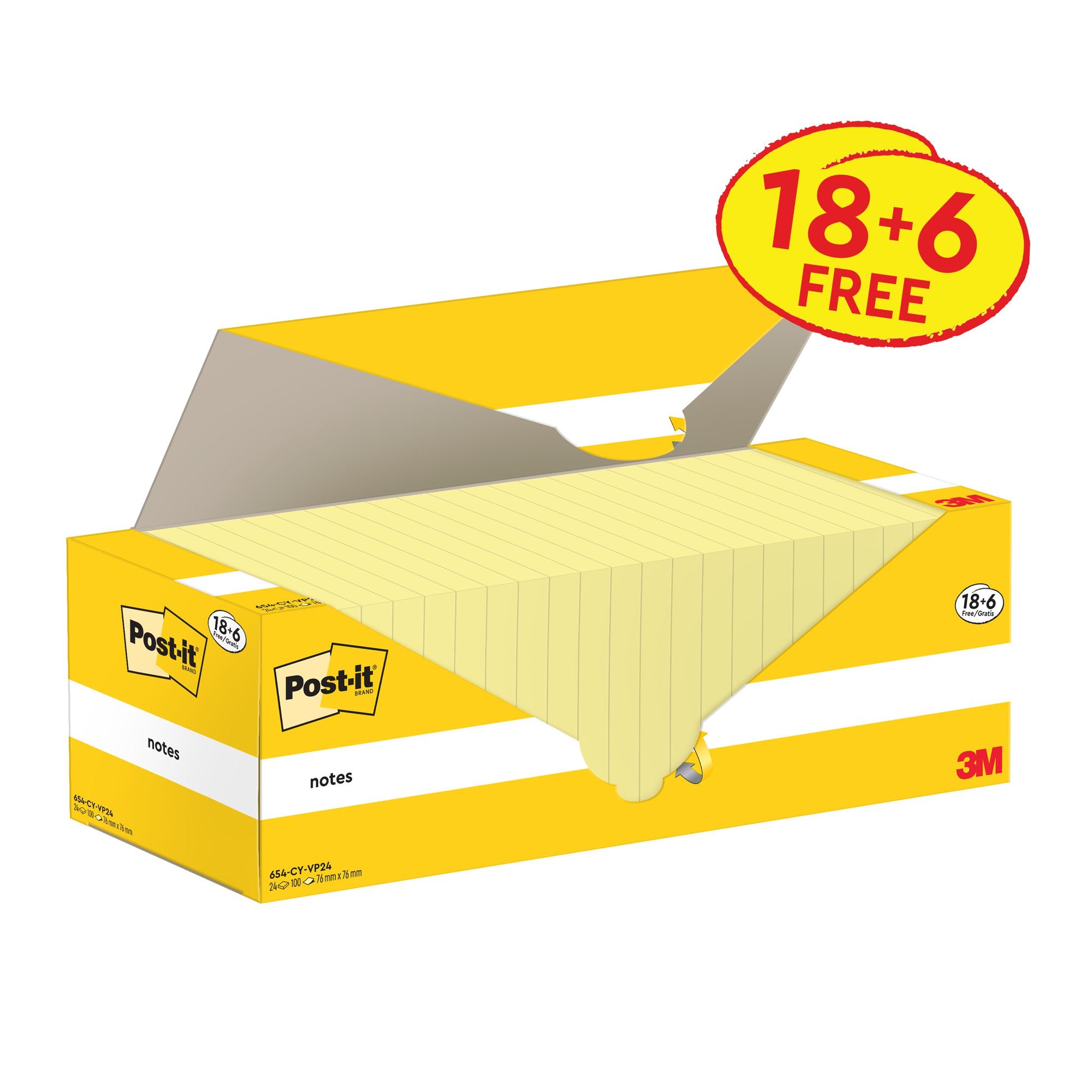 Post-it Notes 76x76mm Canary Yellow Promo Pack 100 Sheets per Pad (Pack 18 + 6 Free) - 7100319213