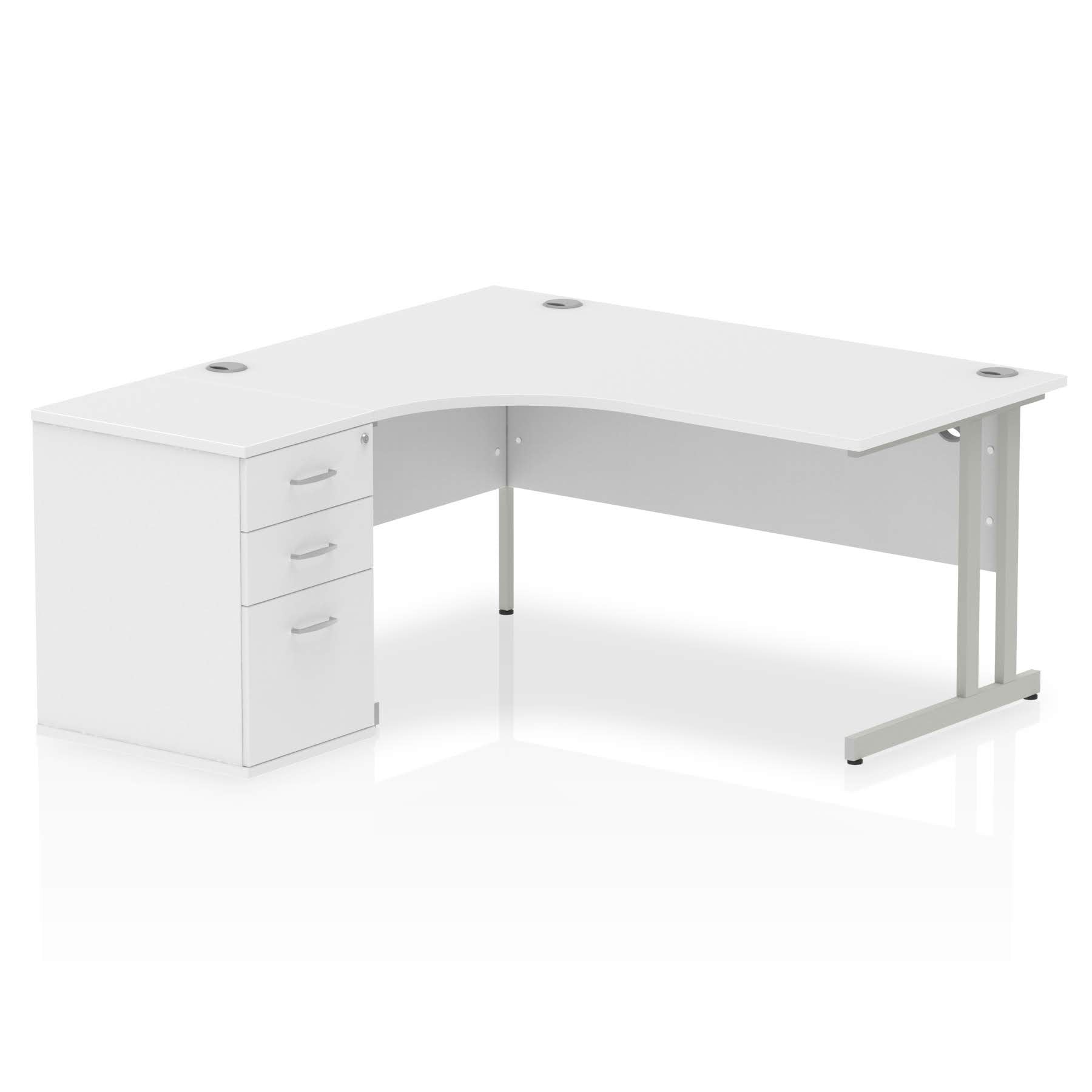 Dynamic Impulse 1600mm Left Crescent Desk White Top Silver Cantilever Leg Workstation 600mm Deep Desk High Pedestal Bundle I000538 DD