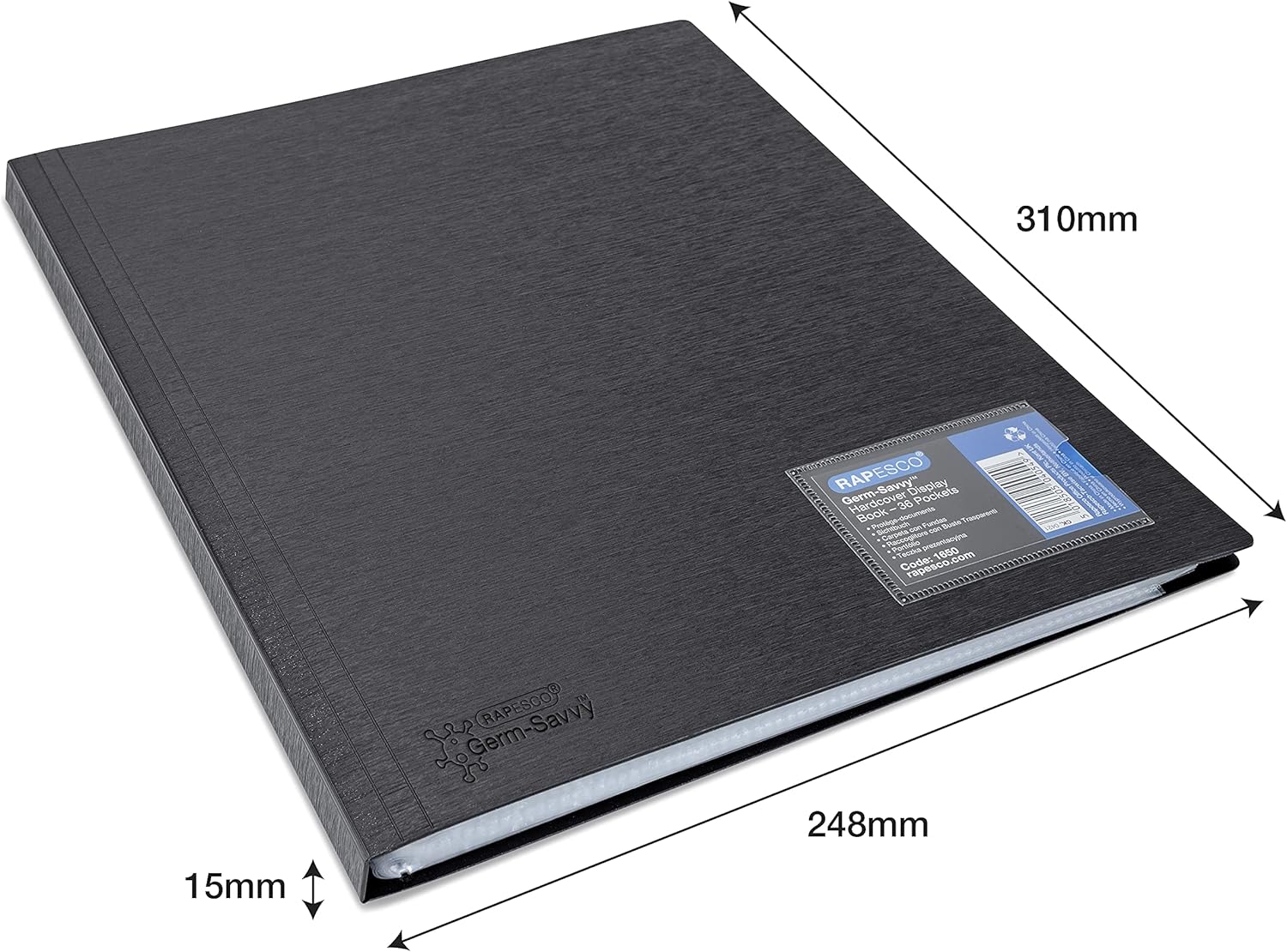 Rapesco 1650 Germ - Savvy Antibacterial, Hardcover Polypropylene Presentation Folder 36 Pockets A4, Black