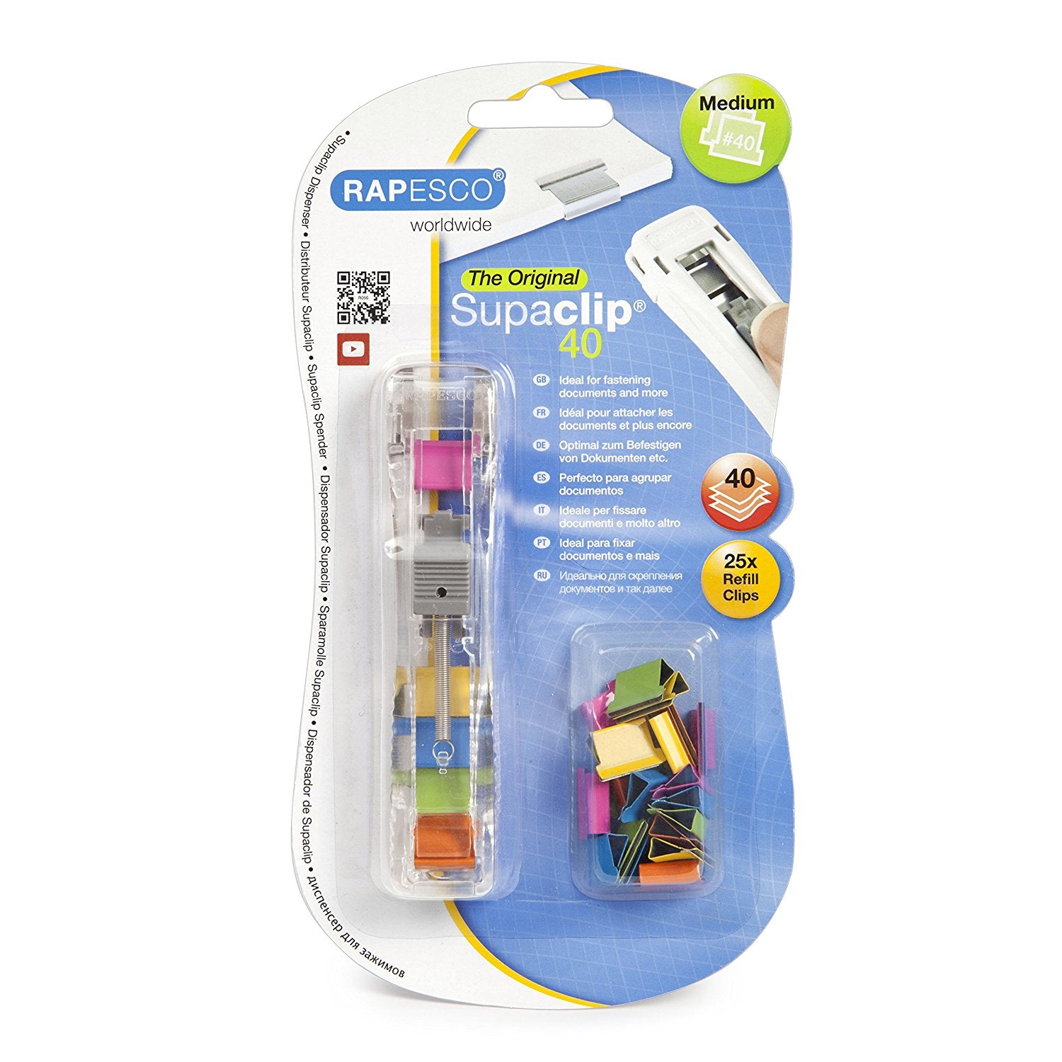 Rapesco Supaclip 40 Dispenser and 25 Multicoloured Clips 40 Sheet Capacity - RC4025MC