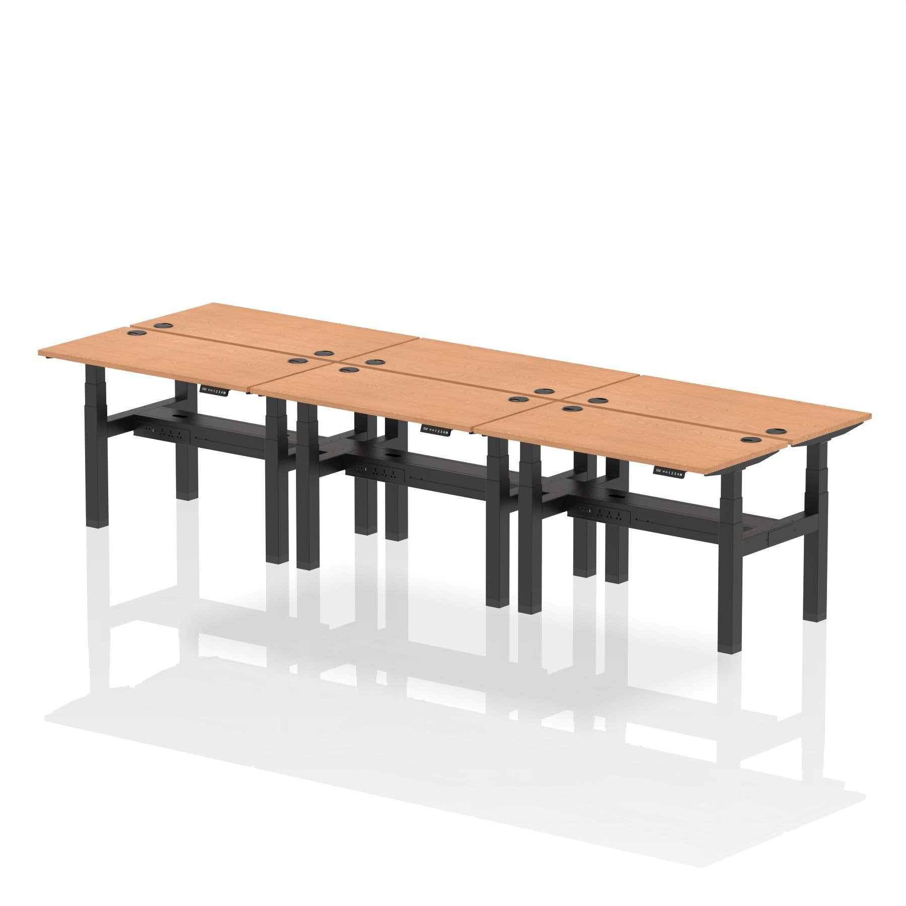 Dynamic Air Back-to-Back W1200 x D600mm Height Adjustable Sit Stand 6 Person Bench Desk With Cable Ports Oak Finish Black Frame - HA01620 DD