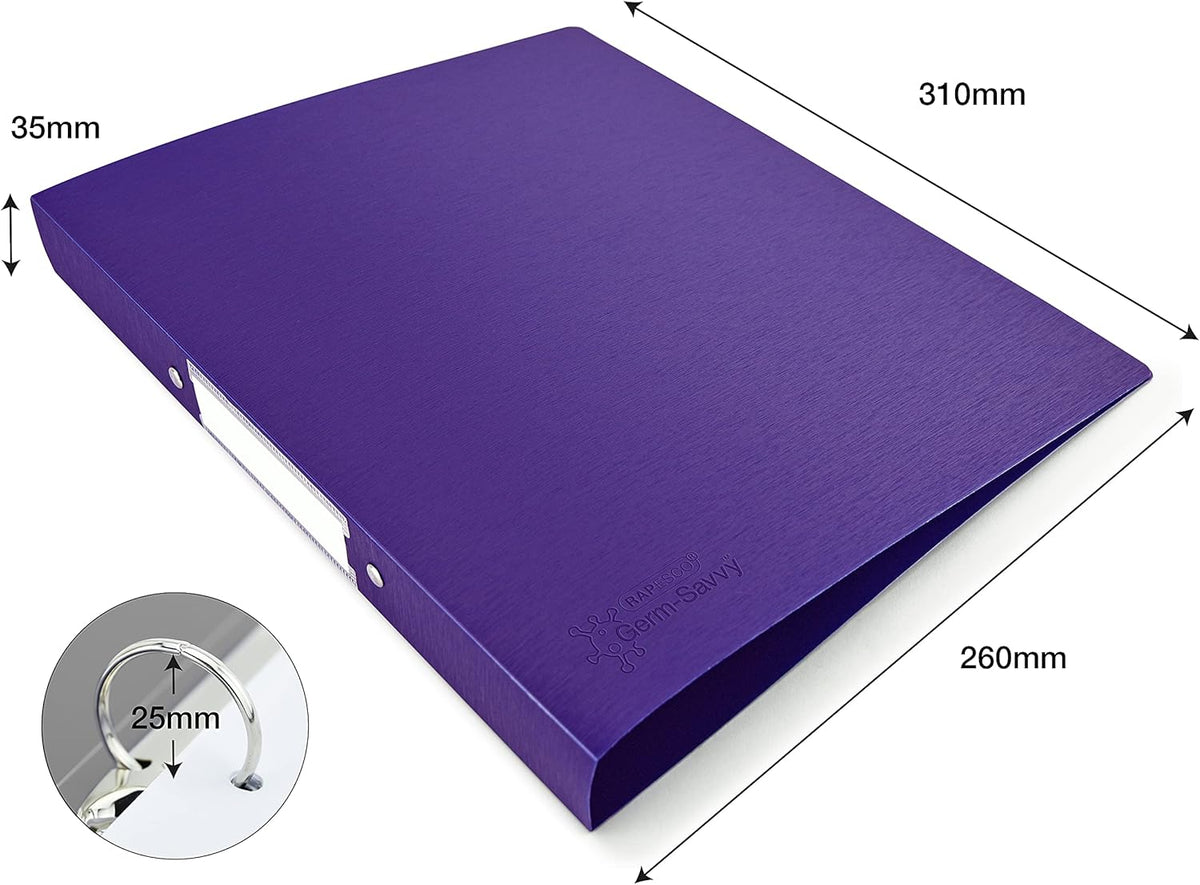 Rapesco Germ-Savvy Antibacterial: A4 (2-Ring) PP Ring Binder, 35mm Spine – Assorted (1 Unit = 6 Binders)