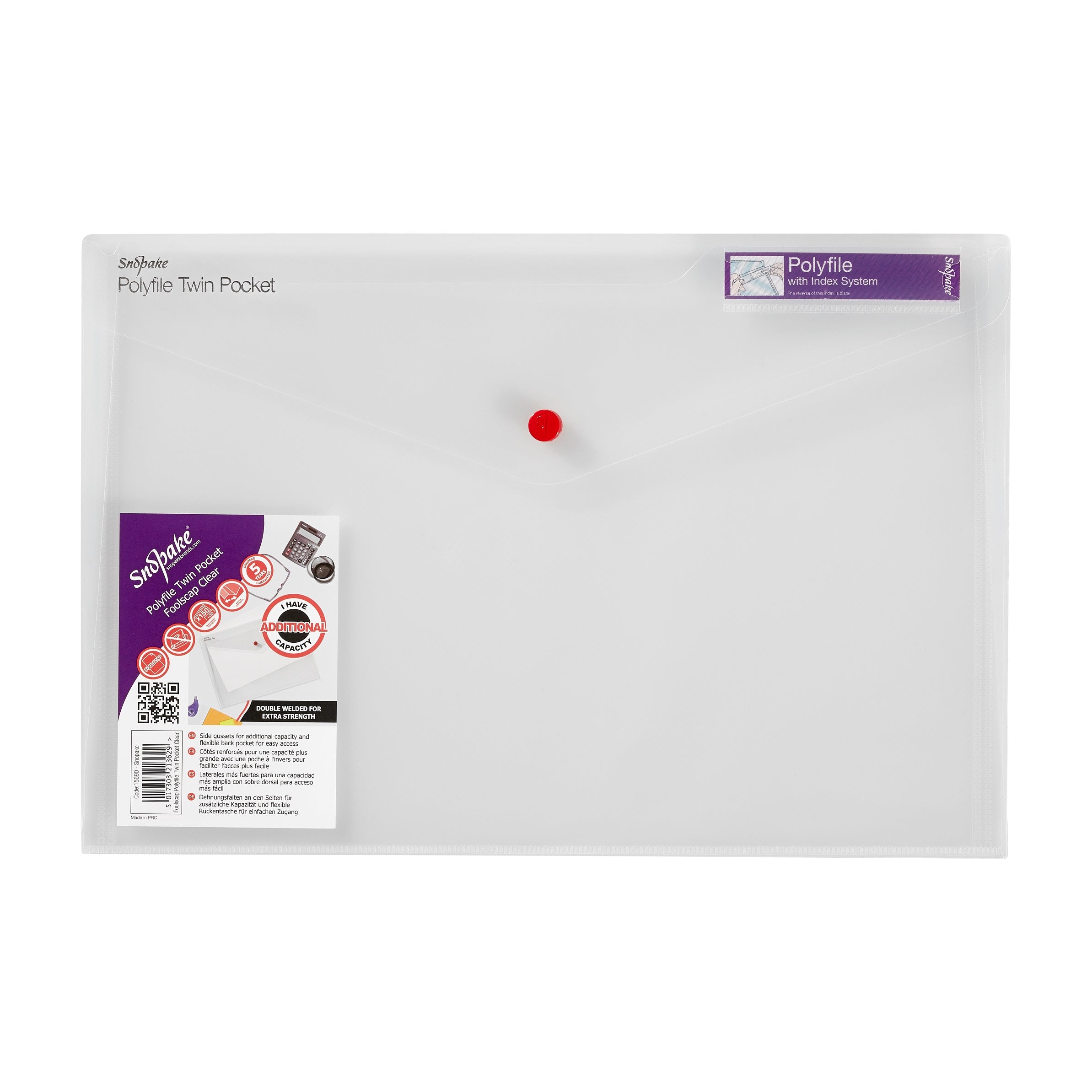 Snopake Polyfile Twin Pocket Polypropylene Foolscap Clear (Pack 5) - 15690