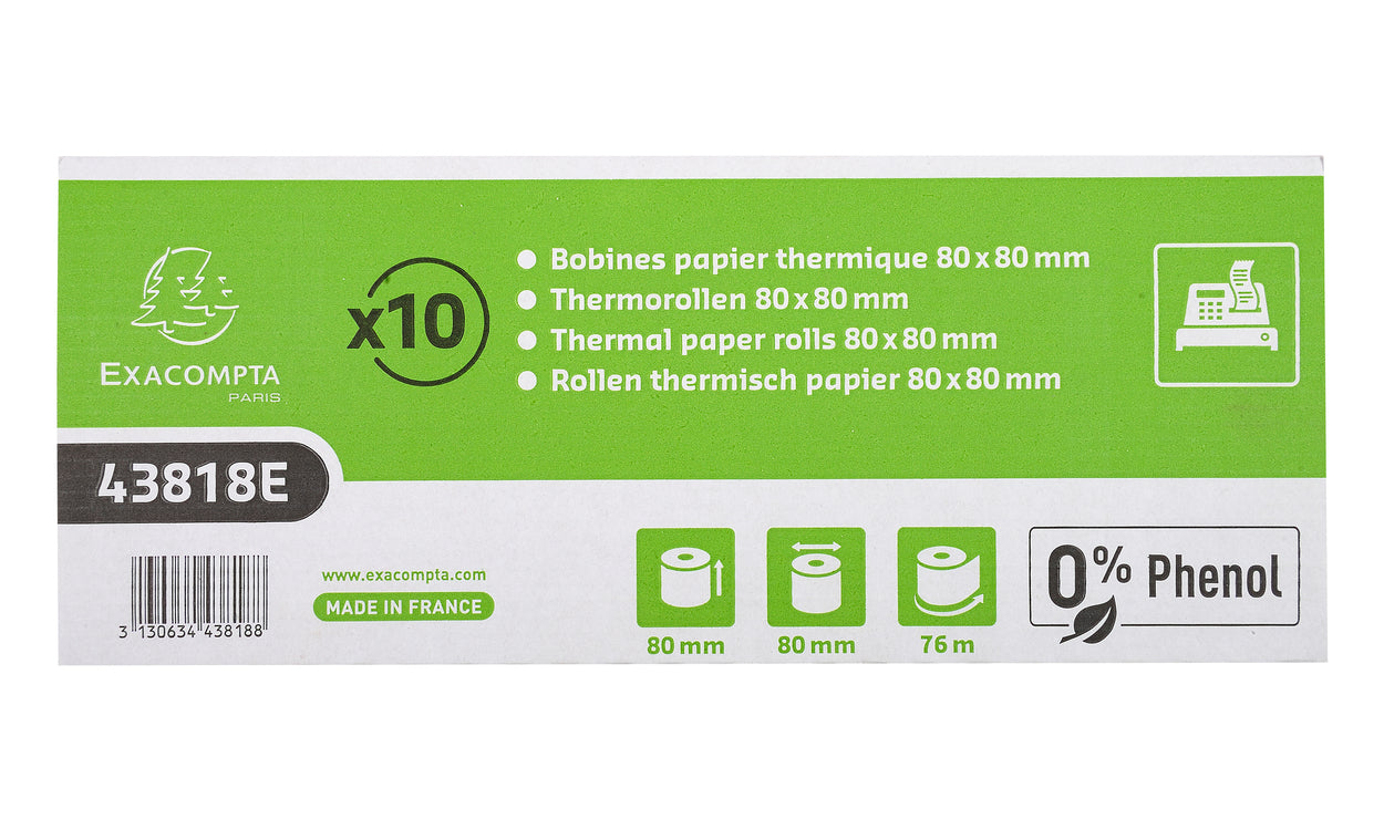 Exacompta Thermal Cash Register Roll Phenol Free 1 Ply 55gsm 80x80x12mm 76m White (Pack 10) - 43818E