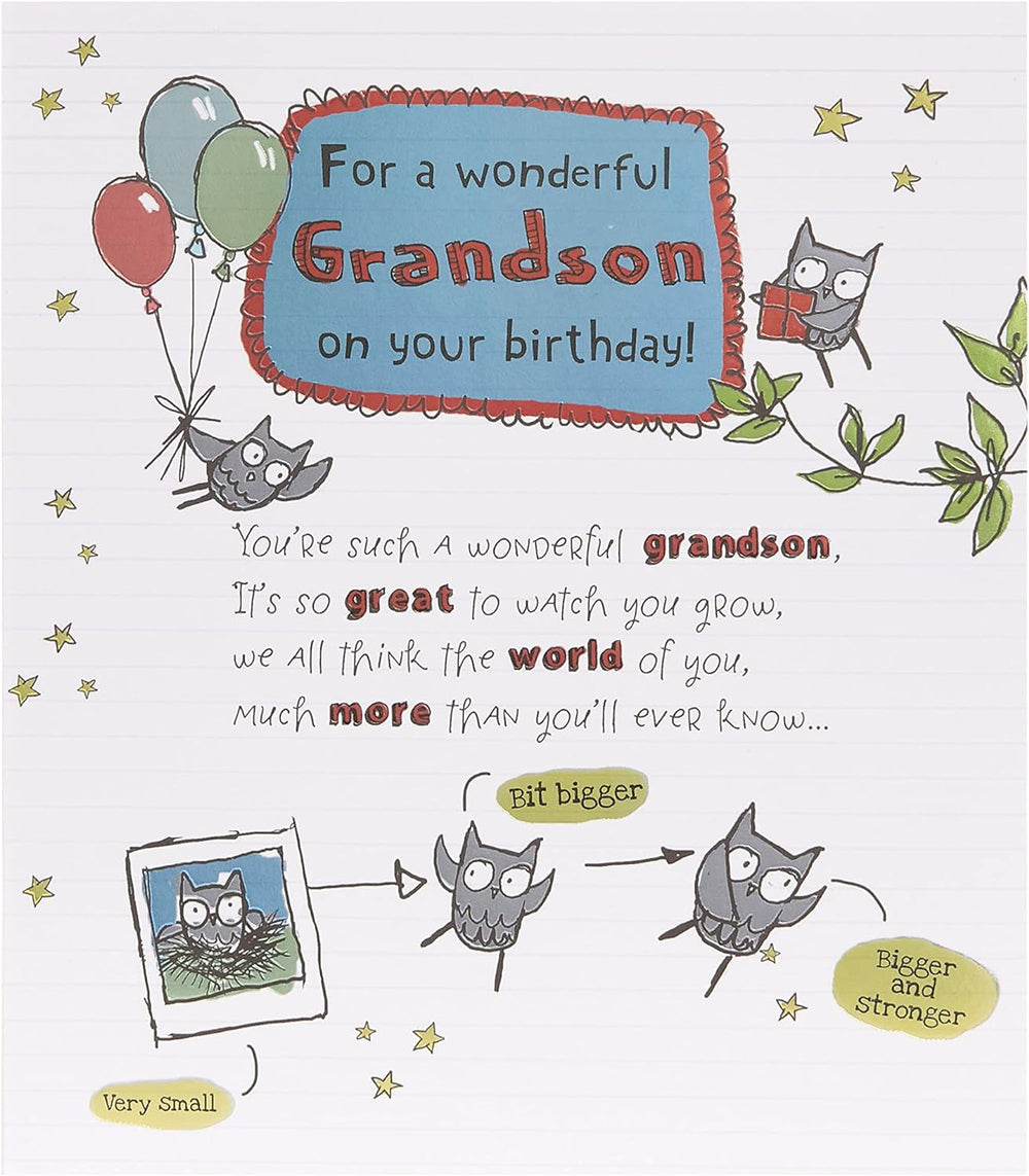 Owl Illustration and Sentimental Verse Birthday Card for Grandson