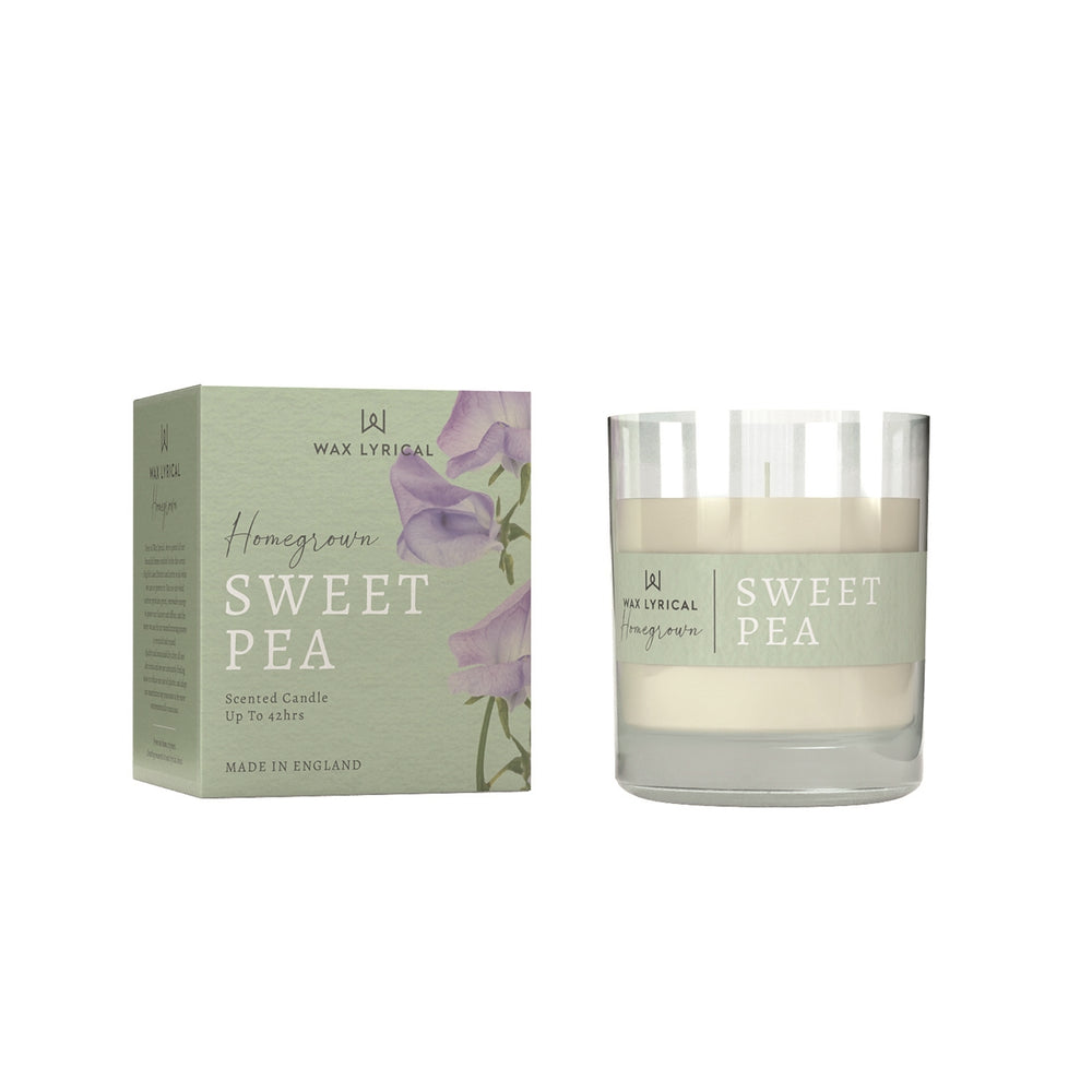 Wax Lyrical Homegrown Sweet Pea home fragrance with a floral design, perfect for adding a fresh, sweet pea scent to your space.