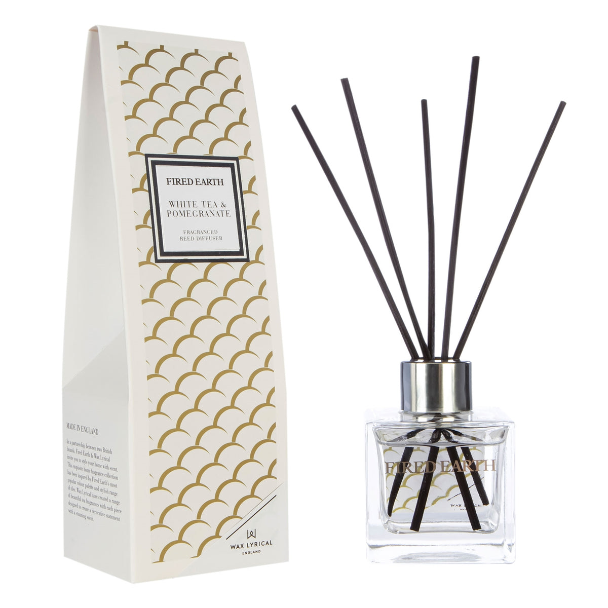Wax Lyrical White Tea & Pomegranate home fragrance with a sleek container and elegant label, ideal for adding fresh scent to any room.