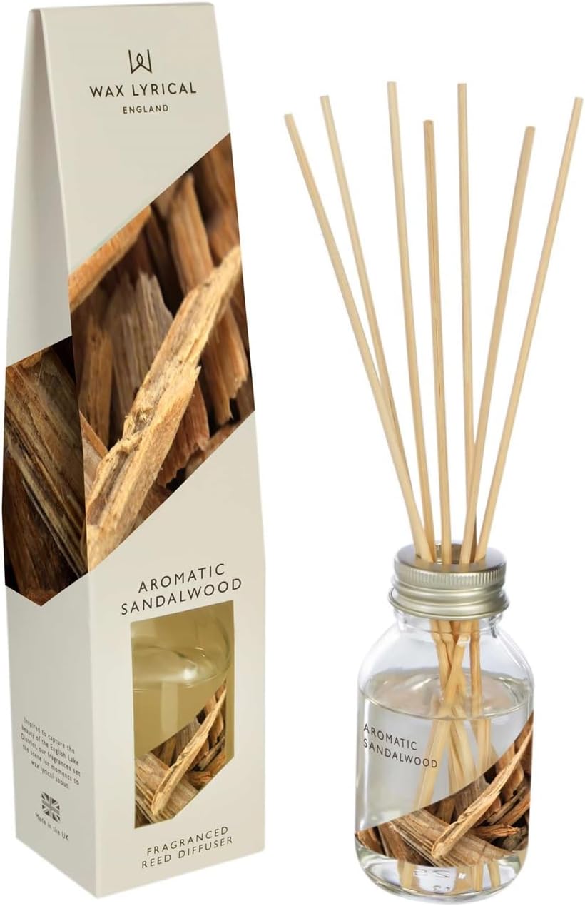Wax Lyrical Reed Diffuser with Aromatic Sandalwood scent, 100ml bottle, showcasing the diffuser and packaging.