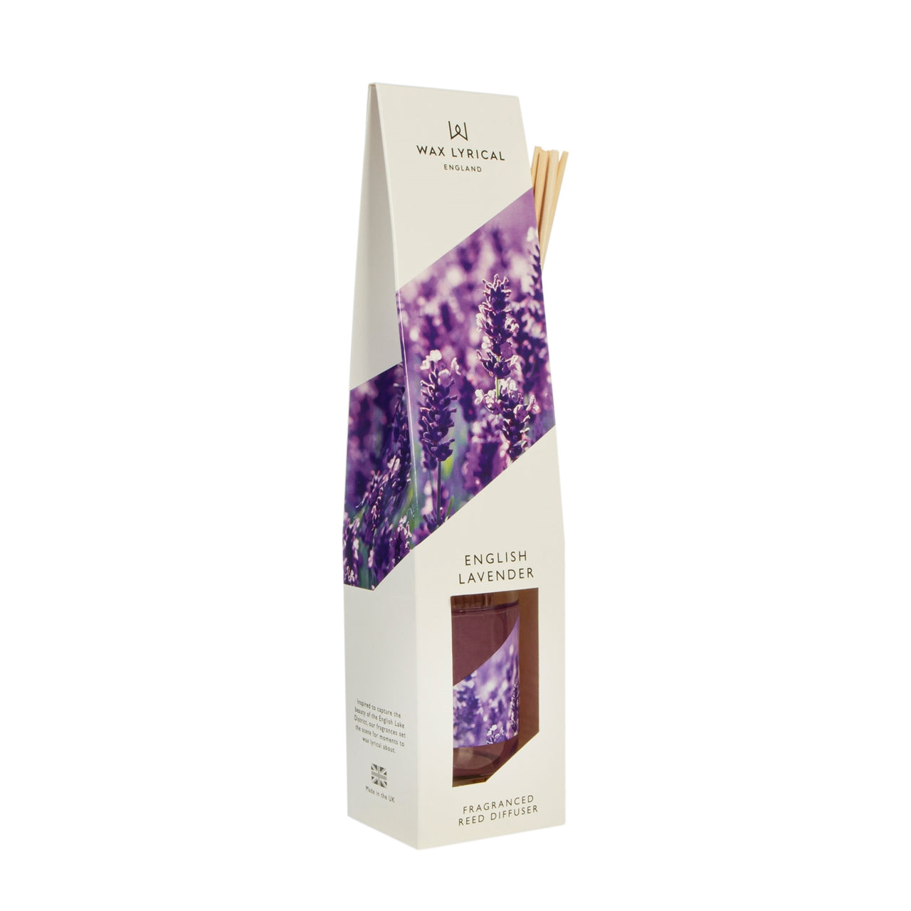 Wax Lyrical English Lavender reed diffuser 100ml with glass bottle and reed sticks for fragrance diffusion in home decor.