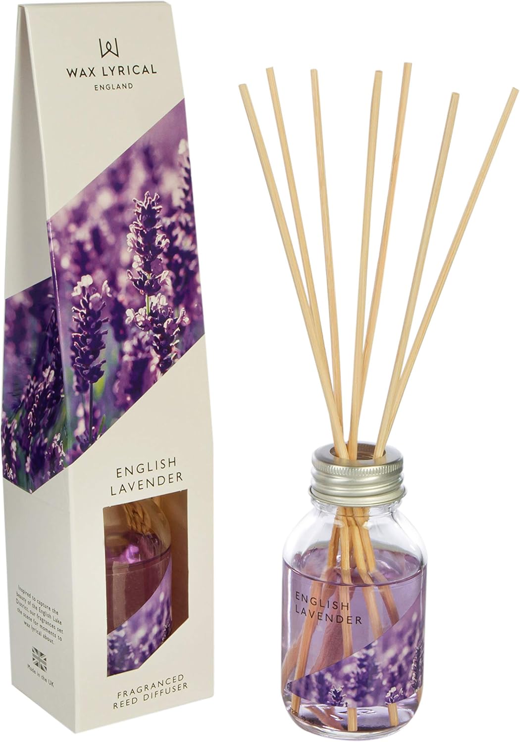 Wax Lyrical English Lavender Reed Diffuser in a 100ml glass bottle with reed sticks for fragrant home scent.