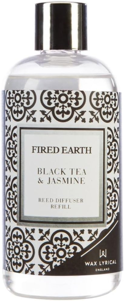 Wax Lyrical Reed Diffuser refill in Fired Earth Black Tea & Jasmine, 200ml, with scent bottles and diffuser reeds visible.
