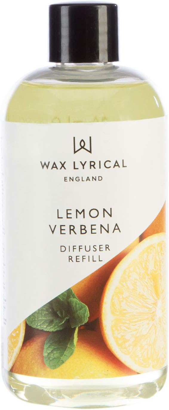 Wax Lyrical Lemon Verbena Reed Diffuser refill in 200ml bottle, featuring fresh lemon and verbena scent with reed sticks.