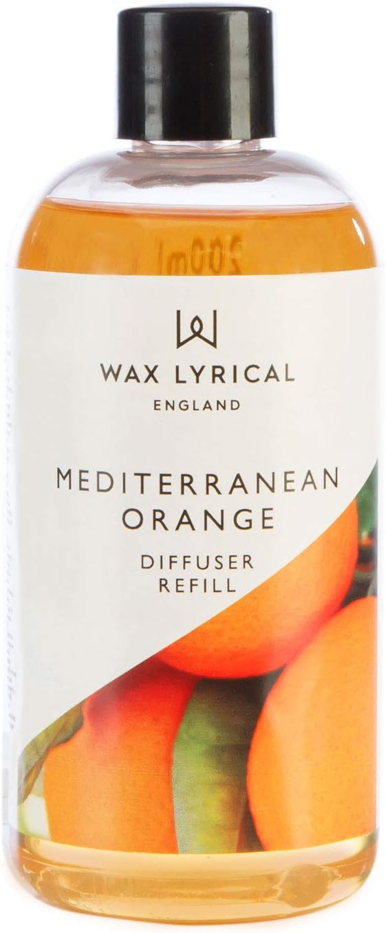 Wax Lyrical Reed Diffuser refill in Mediterranean Orange scent, 200ml bottle with reed sticks for home fragrance.