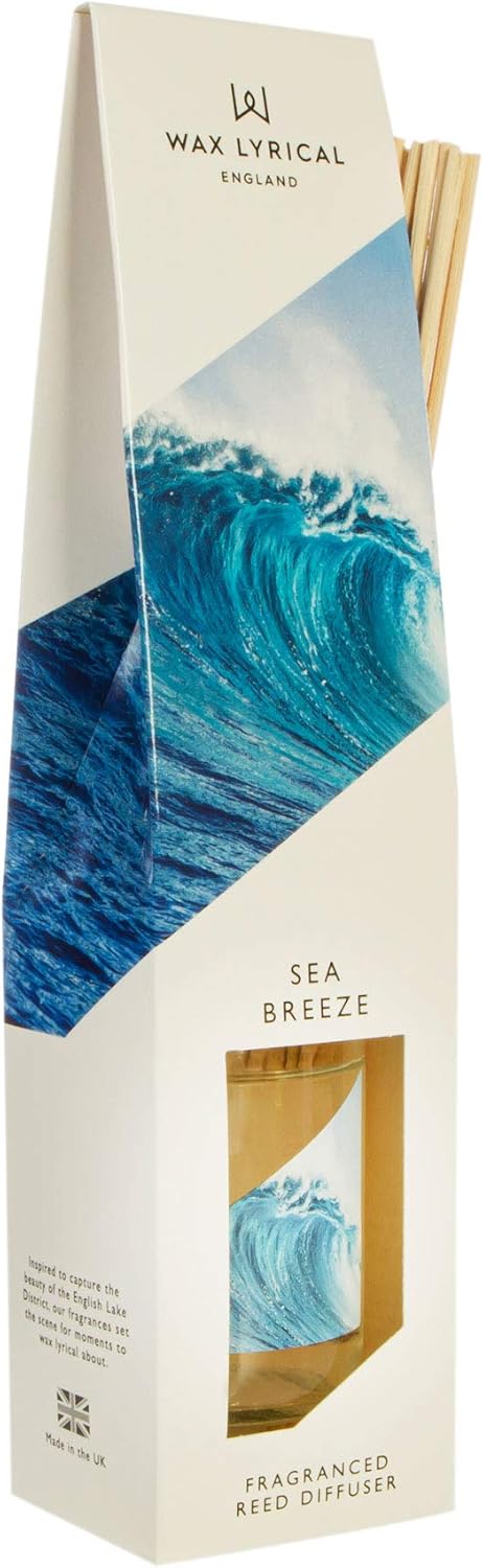 Wax Lyrical Sea Breeze Reed Diffuser 100ml with glass bottle and reed sticks, designed to gently scent the room with ocean-inspired fragrance.