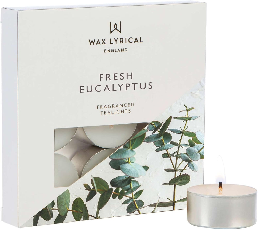Wax Lyrical scented tealights in a box of nine with fresh eucalyptus fragrance, perfect for creating a calming ambiance.