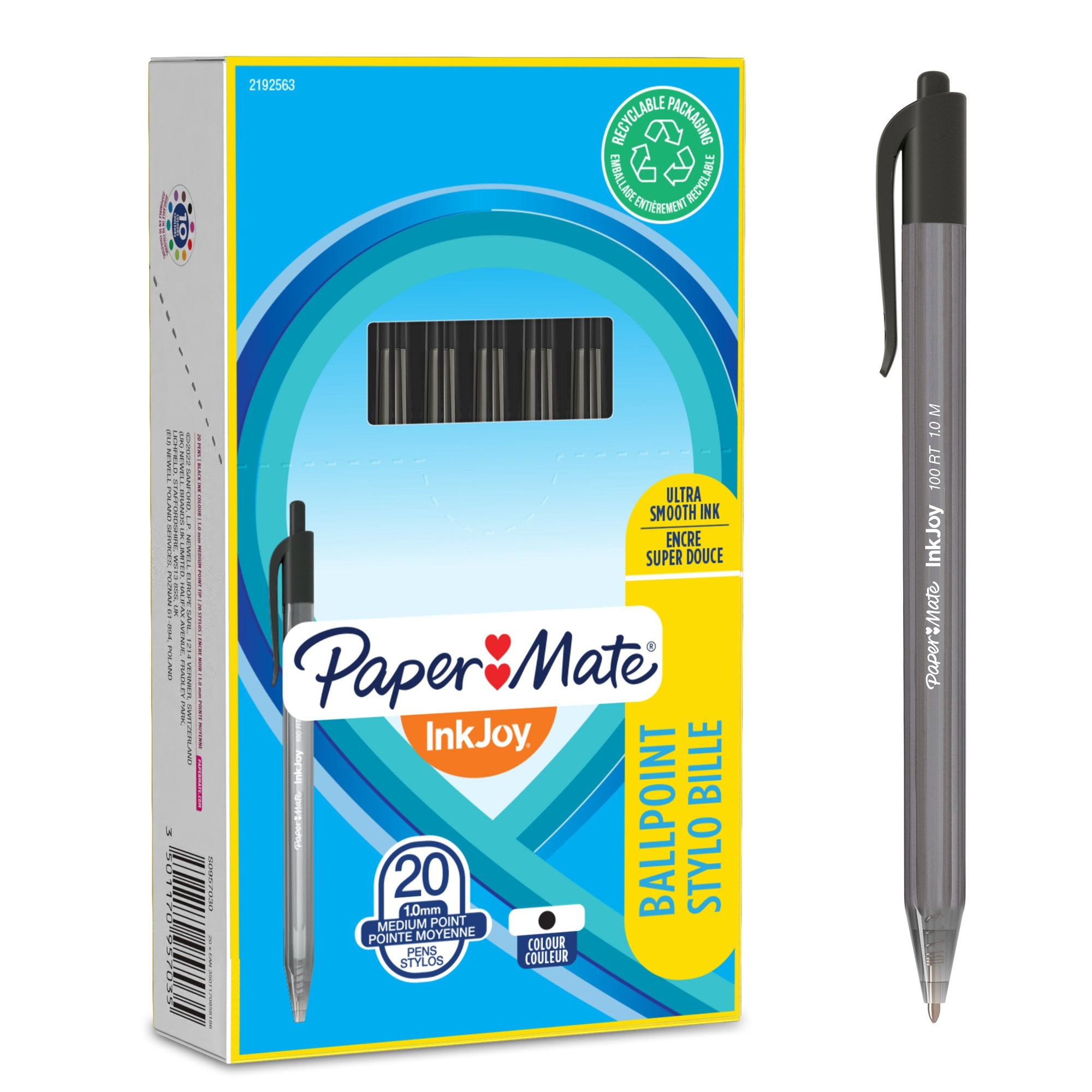 Paper Mate InkJoy 100 Retractable Ballpoint Pen 1.0mm Tip 0.7mm Line Black (Pack 20) - S0957030