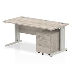 Dynamic Impulse 1600mm x 800mm Straight Desk Grey Oak Top Silver Cable Managed Leg with 2 Drawer Mobile Pedestal I003200 DD