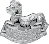 Silver plated Bambino rocking horse money box by Widdop & Co, perfect for baby gifts, featuring detailed horse design.