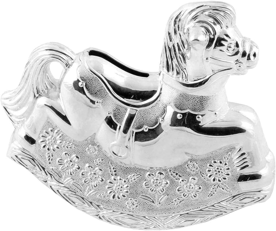 Silver plated Bambino rocking horse money box by Widdop & Co, designed as a charming baby gift for saving coins.