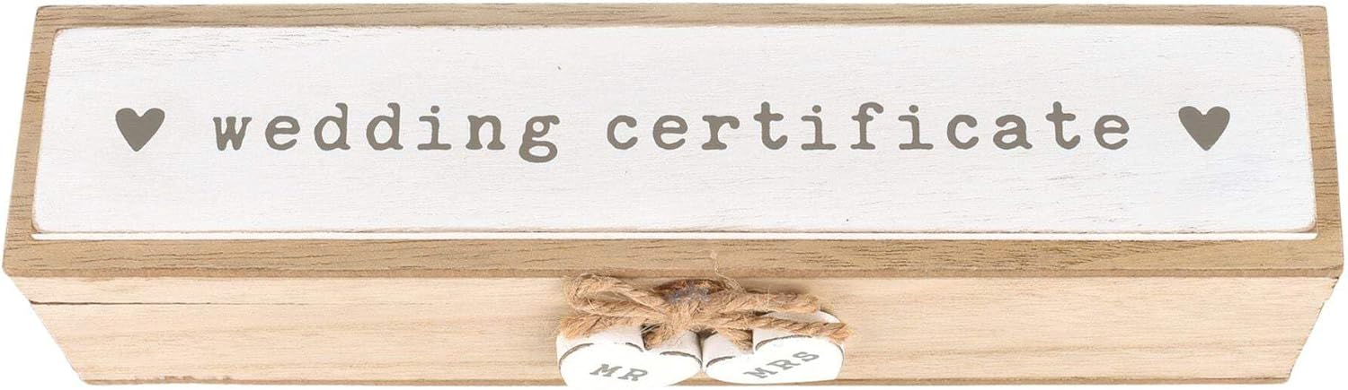Wooden wedding certificate holder box with heart accents by Widdop & Co, designed to hold marriage certificates on special wedding day.