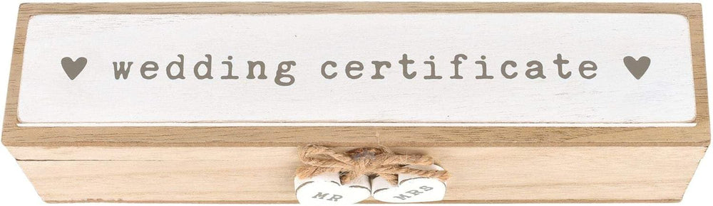 Wooden wedding certificate holder box with heart accents by Widdop & Co, designed to hold marriage certificates on special wedding day.